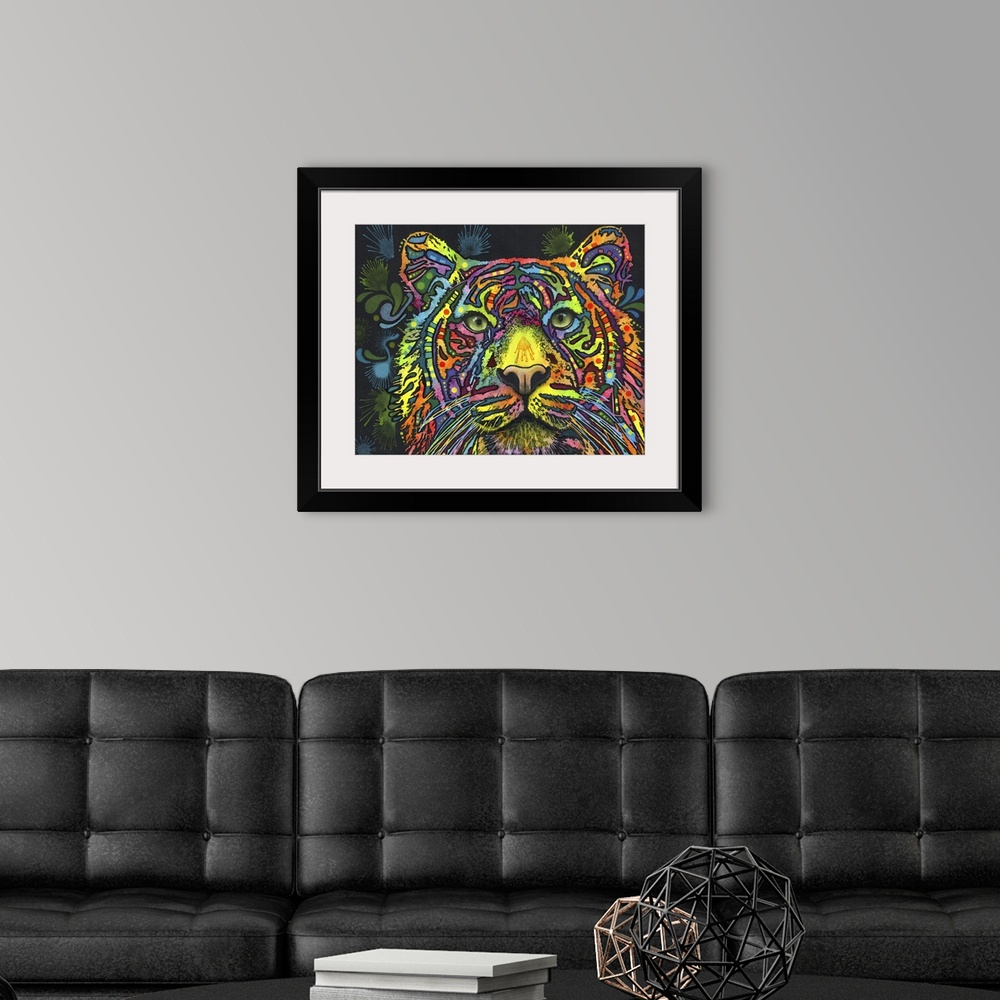 A modern room featuring This is a horizontal illustration of a tiger that has been colored with rainbow colors.