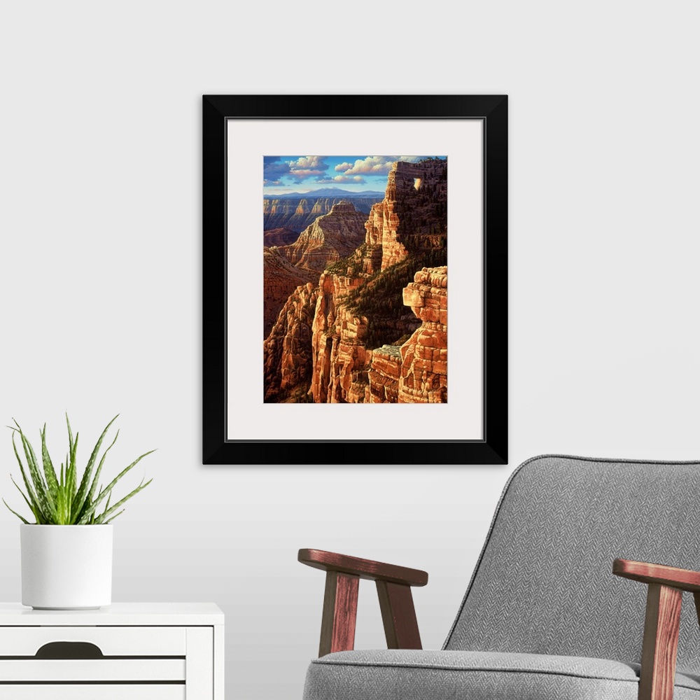 A modern room featuring Sun setting on mountains in the Grand Canyon, lighting up the Angel's Window.