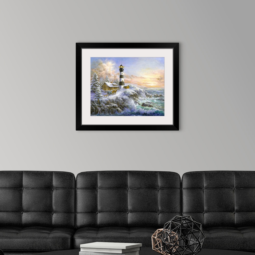 A modern room featuring Painting of lighthouse scene featuring glowing windows. Product is a painting reproduction only, ...