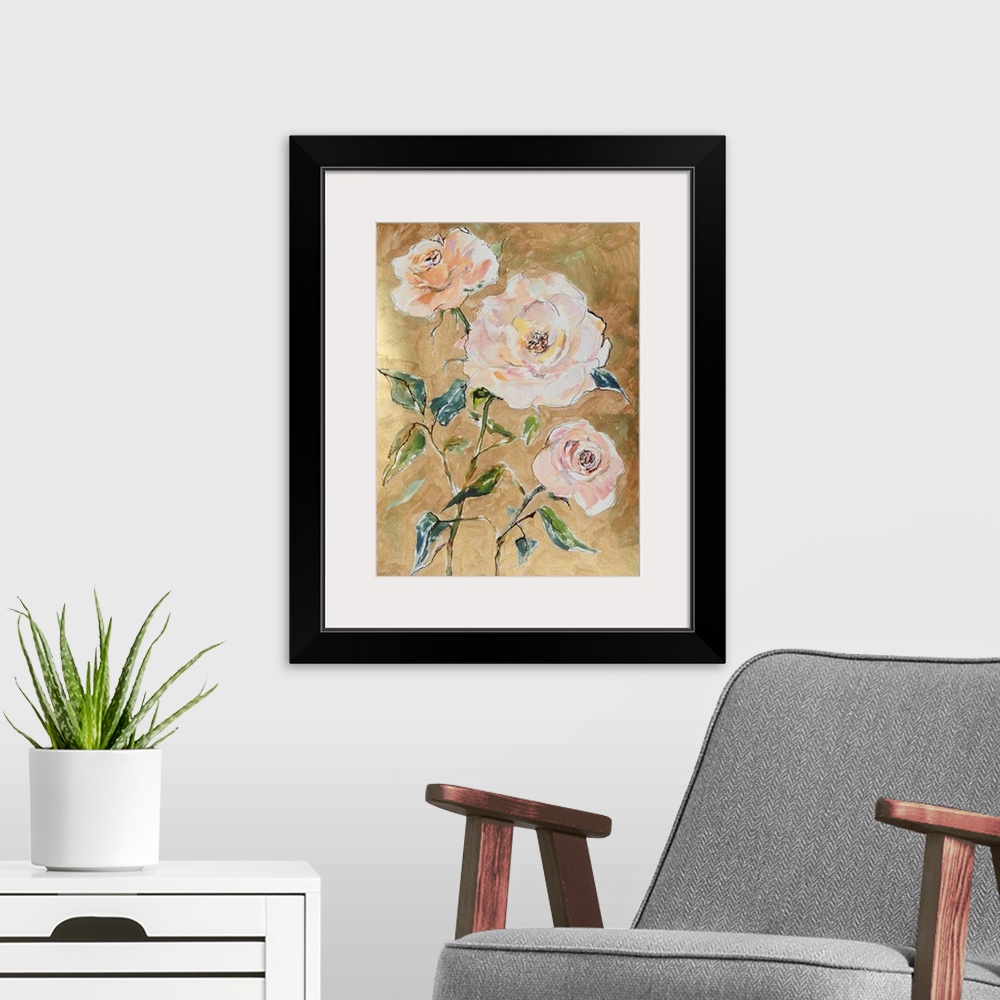 A modern room featuring Traditional but loose mixed media apricot roses on gold background.