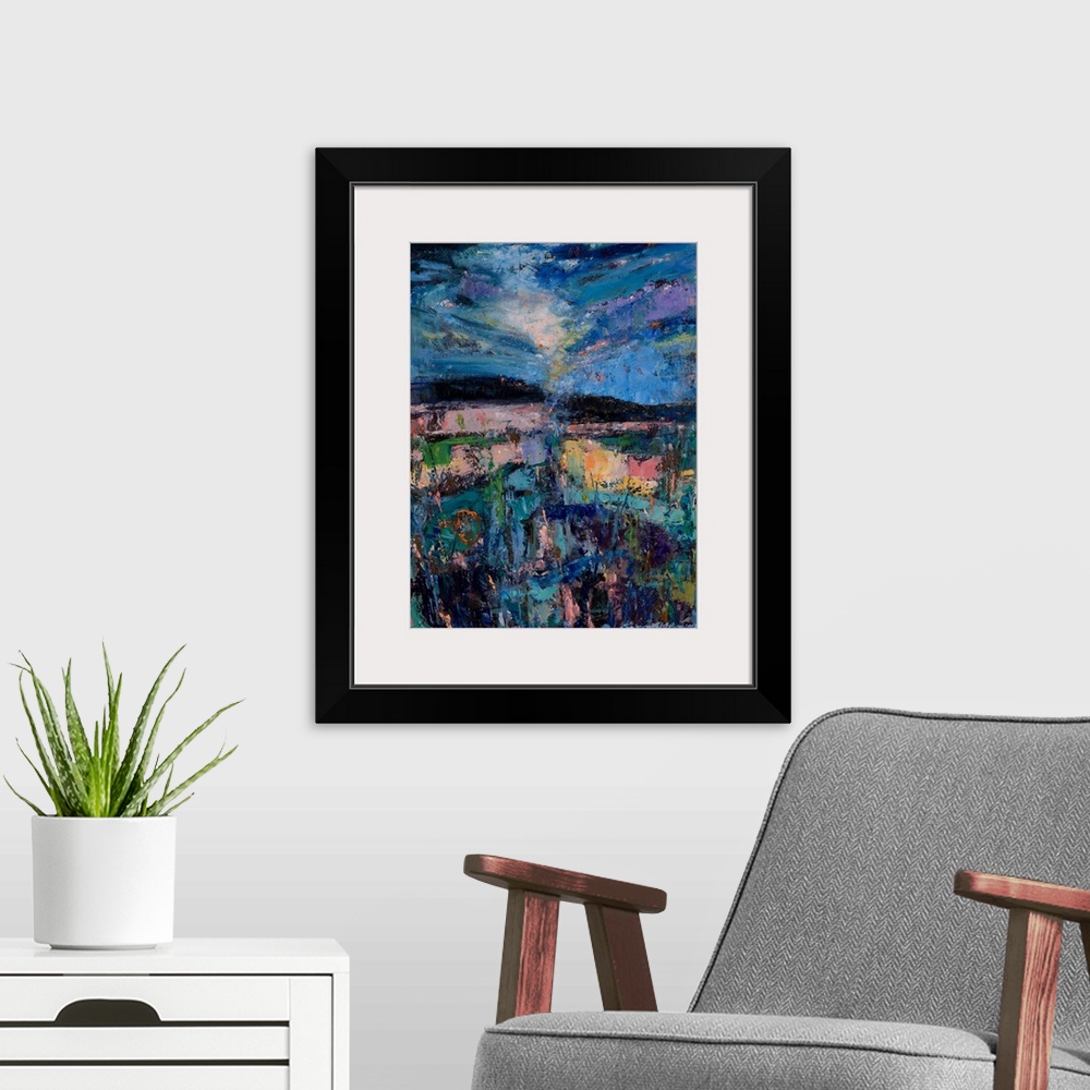 A modern room featuring An imaginary abstract landscape view and mood of evening strolls in autumn through the meadows wi...