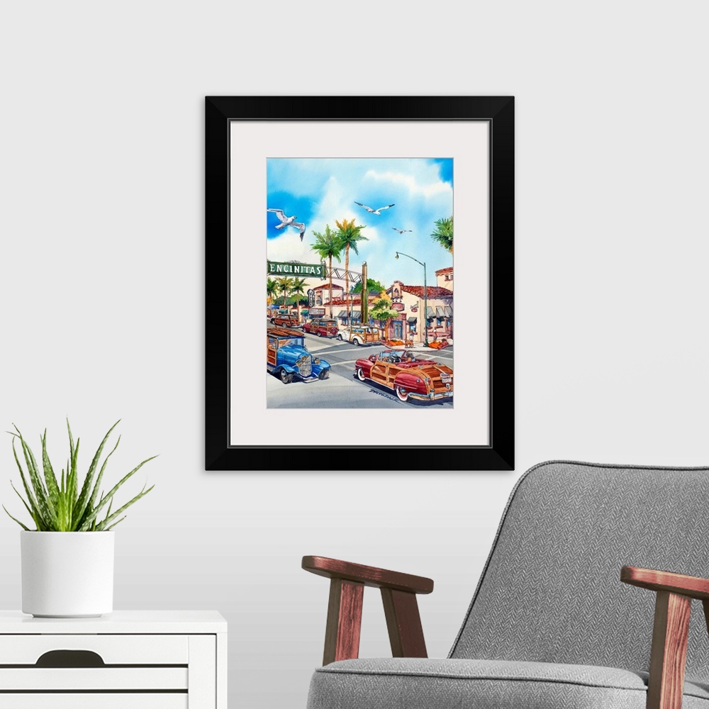 A modern room featuring This original watercolor was created for the 35th anniversary woodie show in Encinitas, Californi...