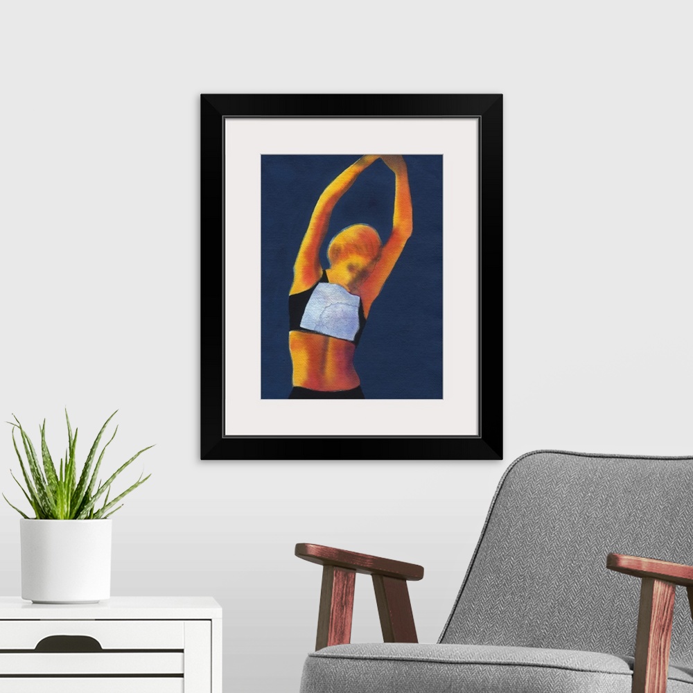 A modern room featuring Contemporary figurative art of an athlete stretching.