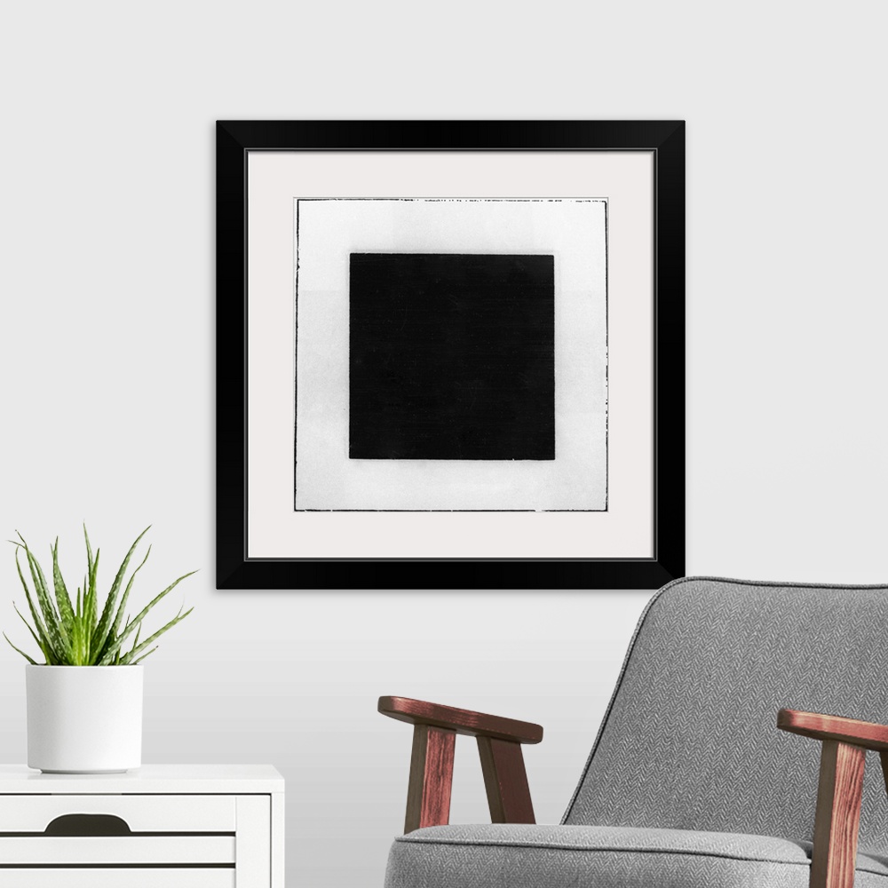 A modern room featuring A reproduction of "Black Square" by Kasimir Malevich from the collection of the State Tretyakov G...
