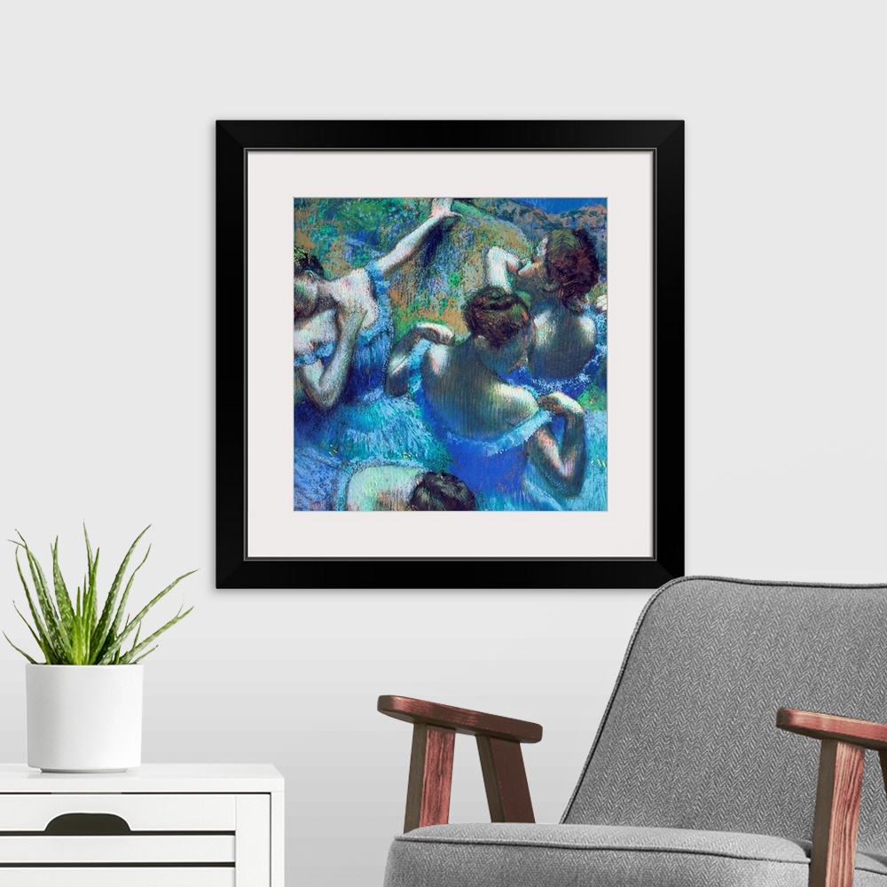 A modern room featuring A pastel drawing reproduced on large wall art, this artwork of ballet dancers was created by an I...