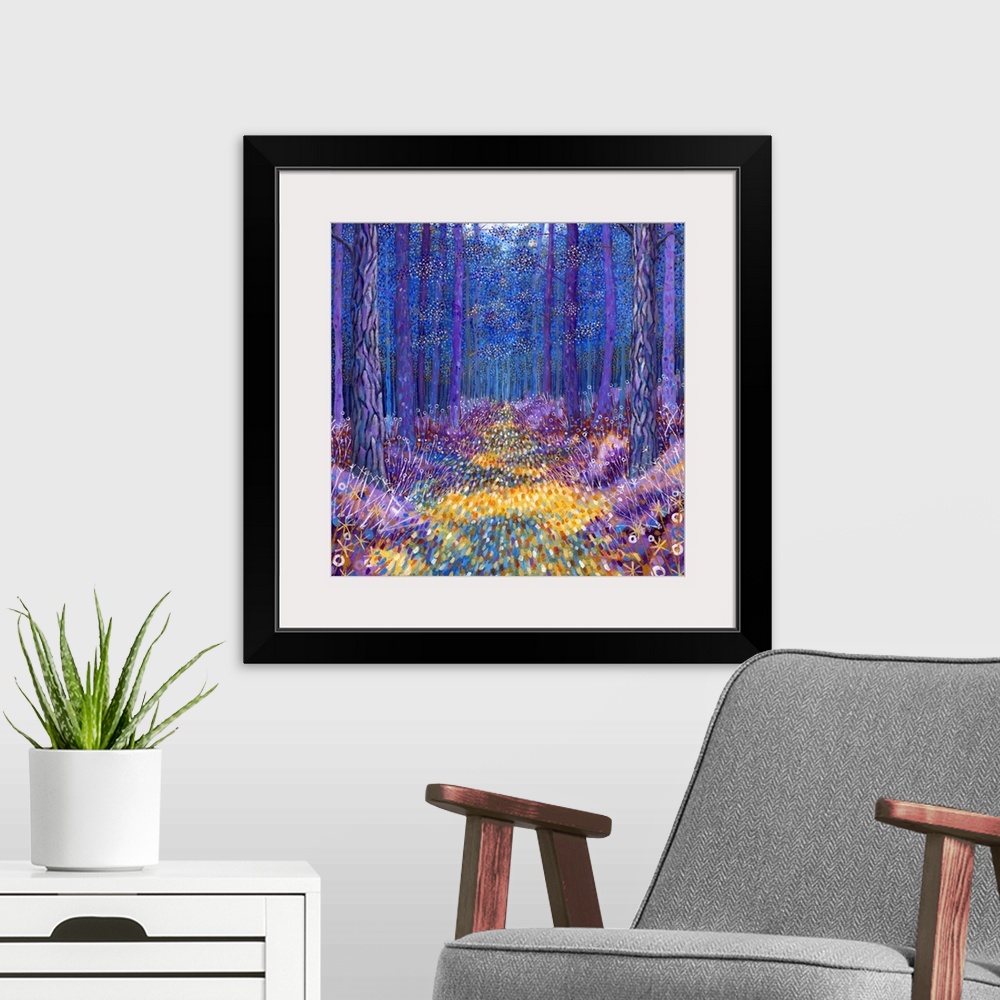 A modern room featuring Contemporary painting of a forest scene with everything in colorful and ornate designs.