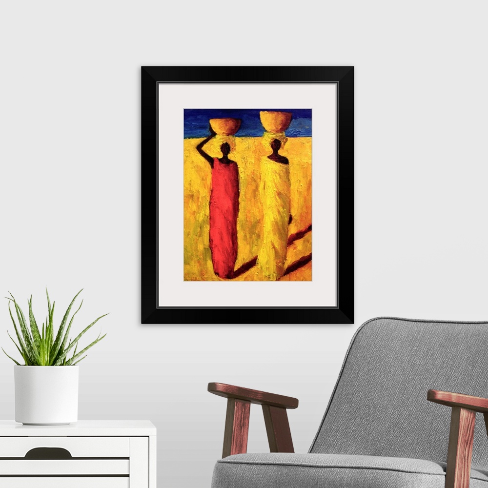 A modern room featuring Contemporary oil painting of two African women walking while balancing bowls on their heads.