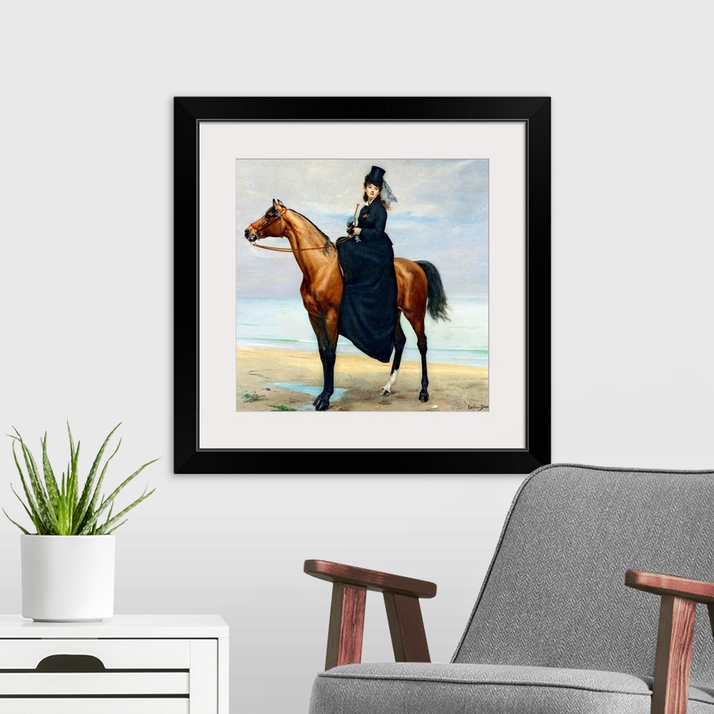 A modern room featuring Large painting of a woman sitting on a horse along the ocean.