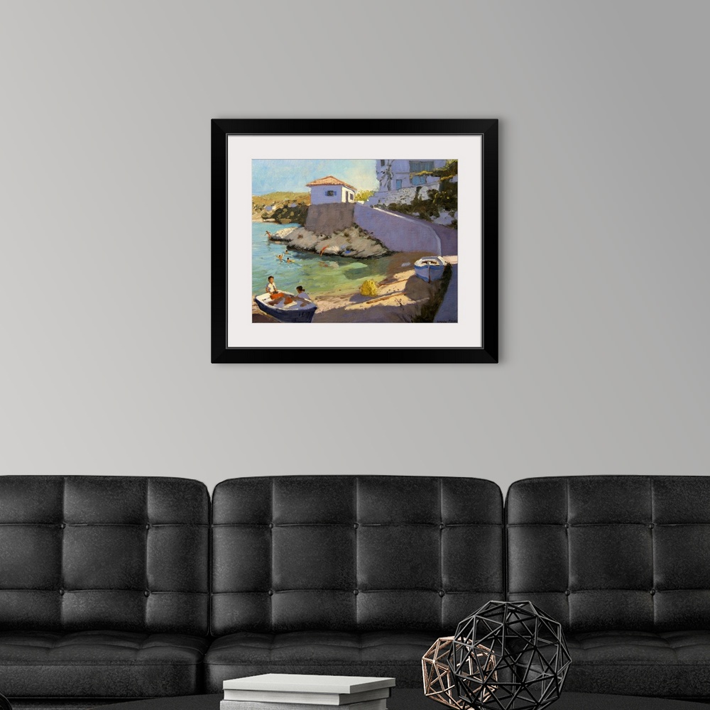A modern room featuring Horizontal, large painting of buildings and a road along a beach, people swimming in the water, a...