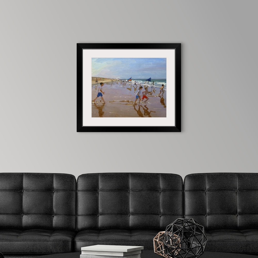A modern room featuring Decorative art for the home or beach house this landscape photograph shows children on a sandy be...