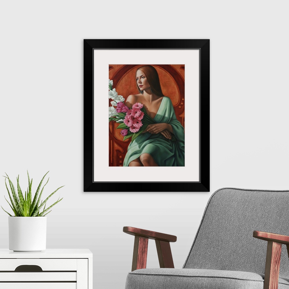 A modern room featuring Contemporary art deco-style painting of a woman holding a bouquet of flowers.
