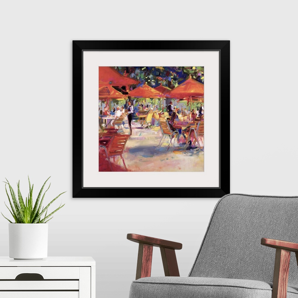 A modern room featuring Giant contemporary art shows a large number of people sitting at tables covered with umbrellas wh...