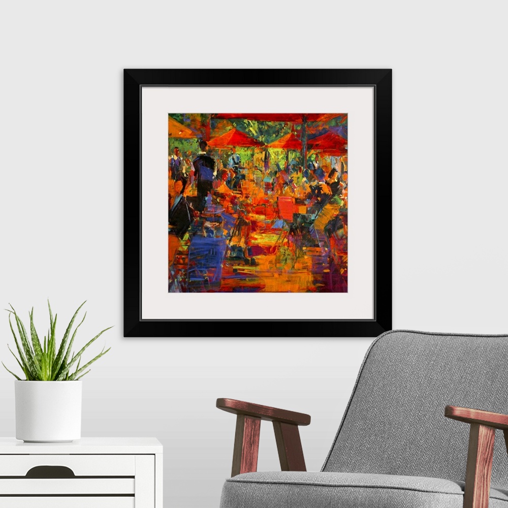 A modern room featuring Giant, abstract canvas art of a cafo with many people seated under umbrellas, in a variety of vib...