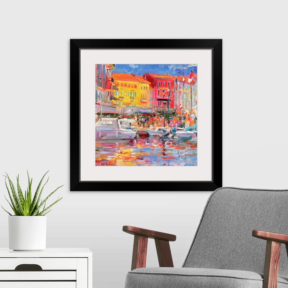 A modern room featuring Contemporary abstract painting of boats in a canal with buildings a long of it made up of large b...
