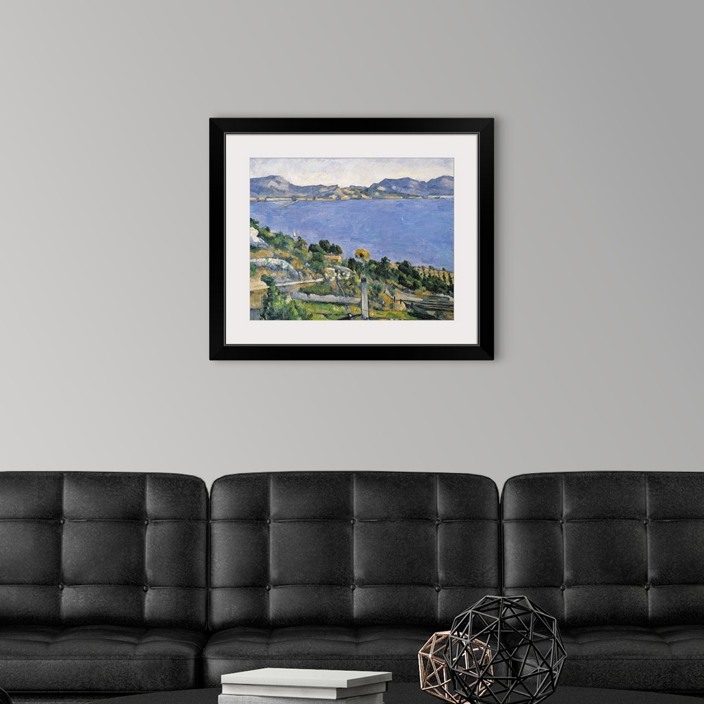 A modern room featuring Landscape classic painting of the blue waters of the Bay of Marseilles.  Trees and rocks cover th...