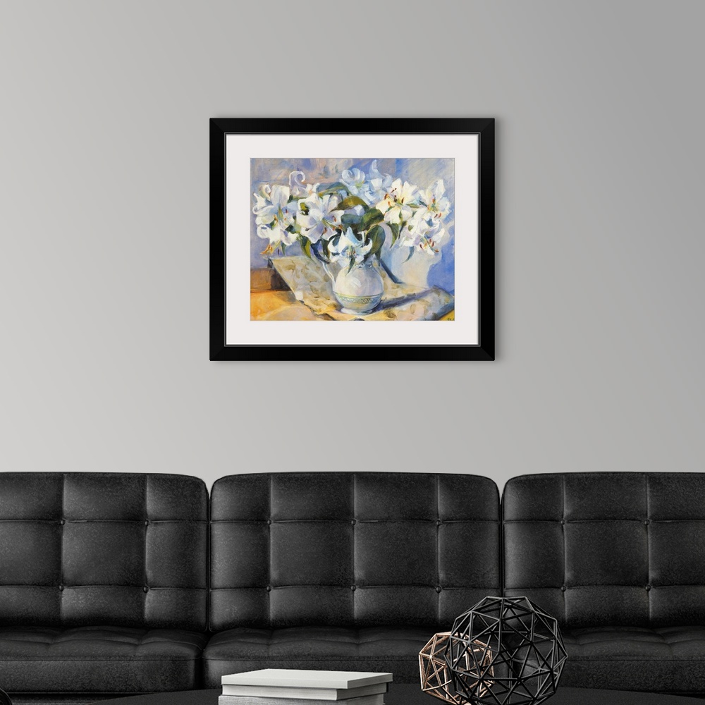 A modern room featuring Lilies in white jug, 2000, oil on canvas.