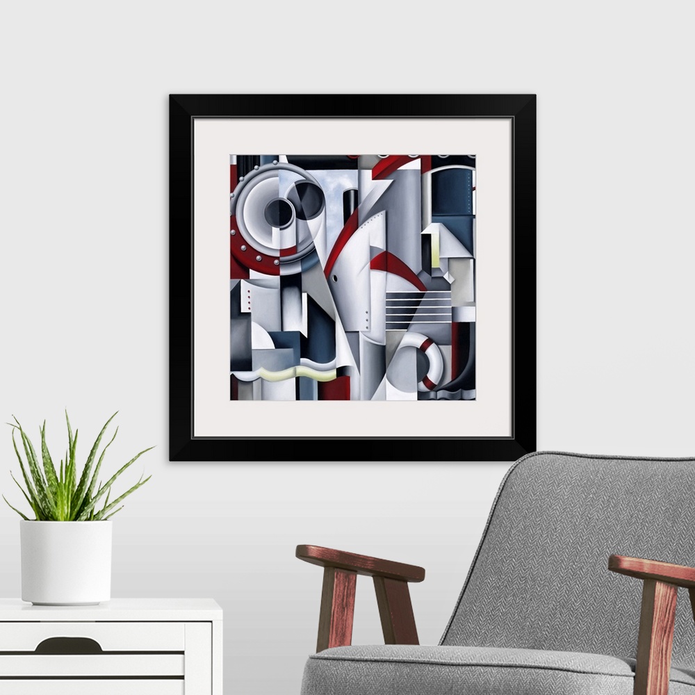 A modern room featuring Artwork that uses different pictures and shapes from a cruise ship and than pieces them together ...
