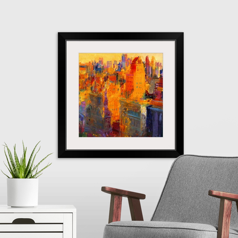 A modern room featuring Square contemporary abstract painting of buildings in NYC made up of large brush strokes.