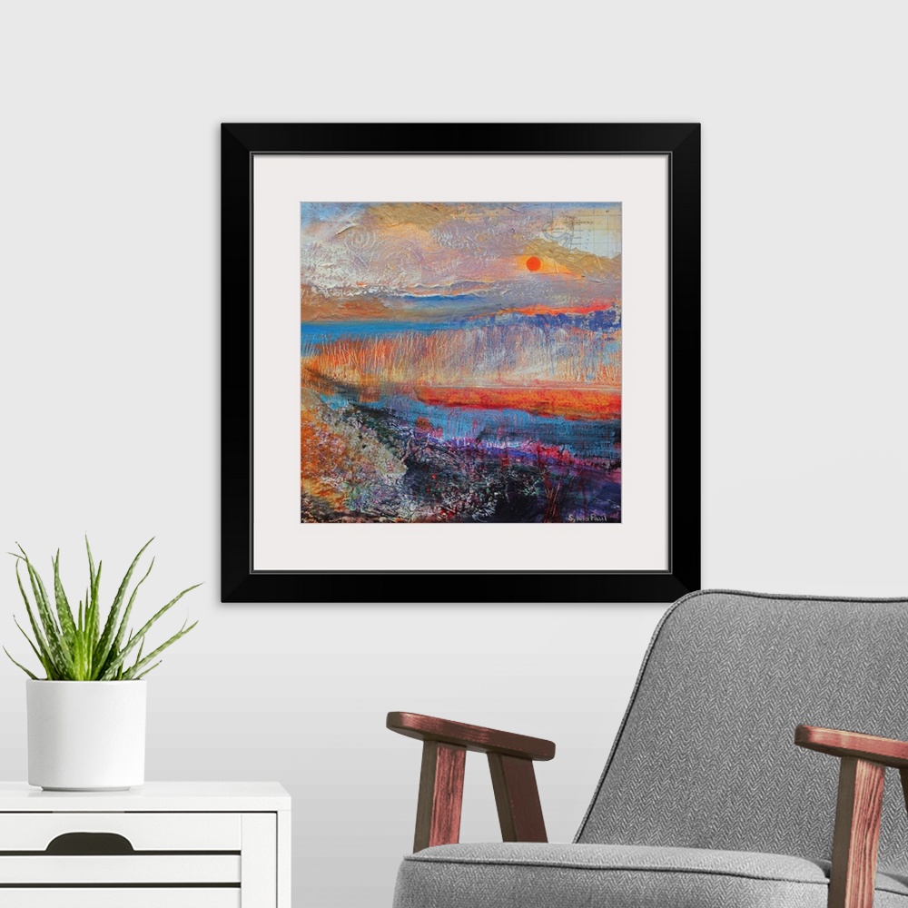 A modern room featuring Contemporary painting of an idyllic landscape at sunset.