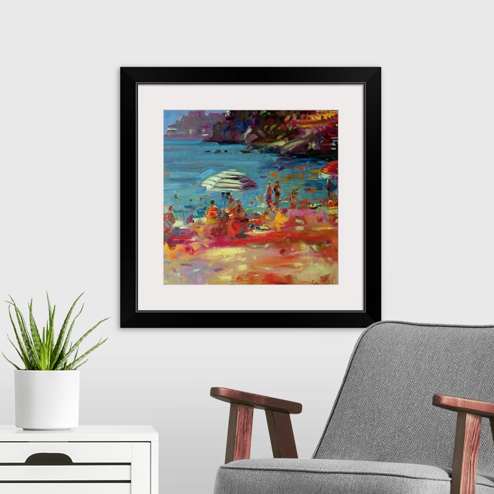 A modern room featuring Contemporary artwork of people painted sitting on a beach in front of the water and buildings on ...