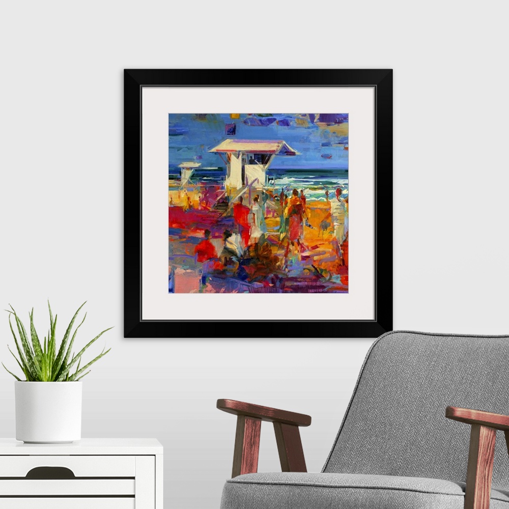 A modern room featuring Contemporary artwork of crowds of people on the beach surrounding lifeguard houses. A variety of ...