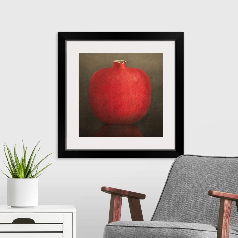 A modern room featuring Up-close painting of a piece of fruit sitting on a reflective surface.