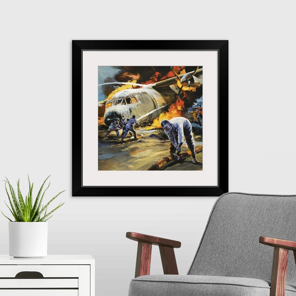 A modern room featuring Putting out a fire after an aircraft accident. Original artwork for Look and Learn.