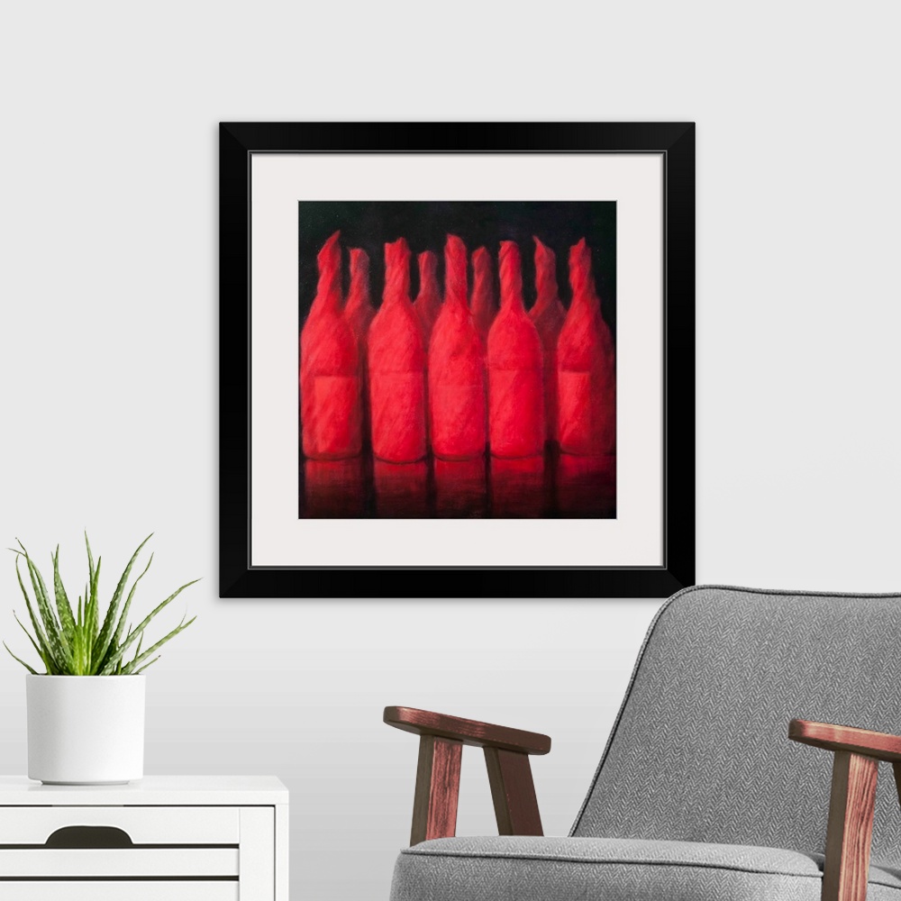 A modern room featuring Contemporary painting of a row of wrapped bottles of wine.