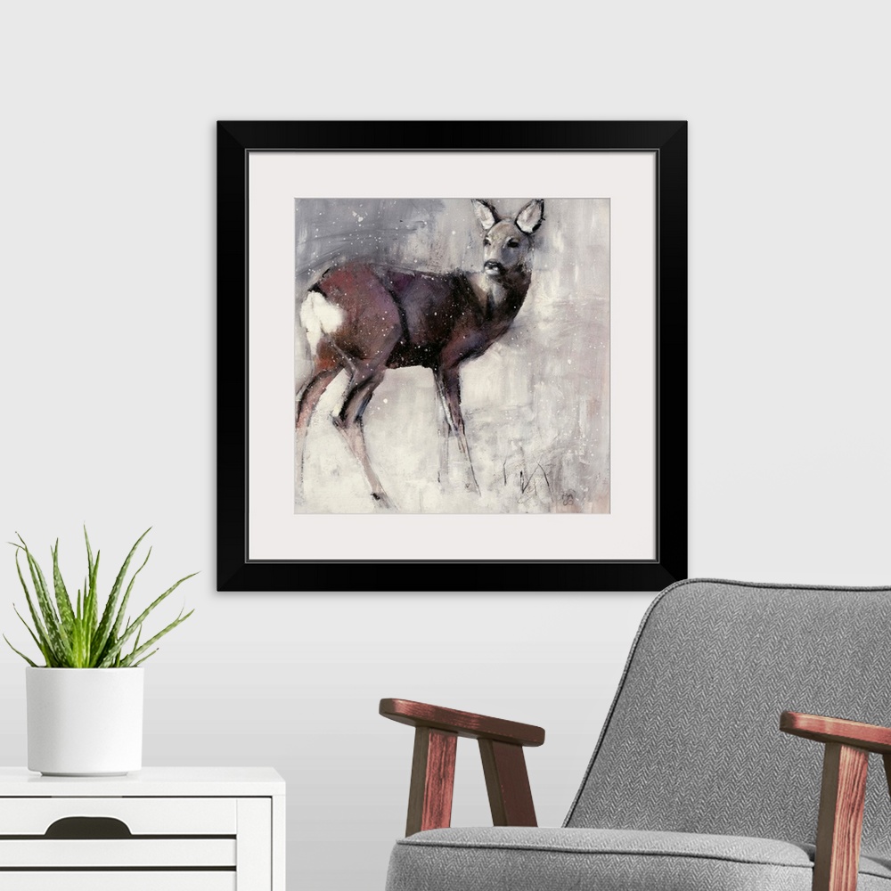 A modern room featuring Contemporary wildlife painting of a female deer in the winter.