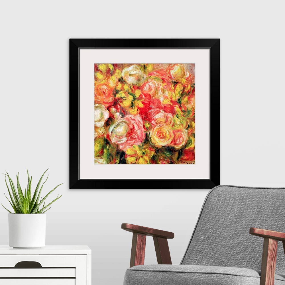 A modern room featuring Oil painting on canvas of a bunch of warm toned roses.