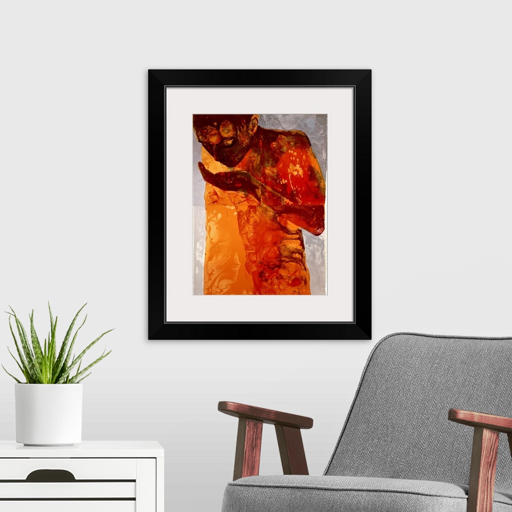 A modern room featuring A giclee print on canvas originally from a silkscreen print. An abstracted human figure sips from...
