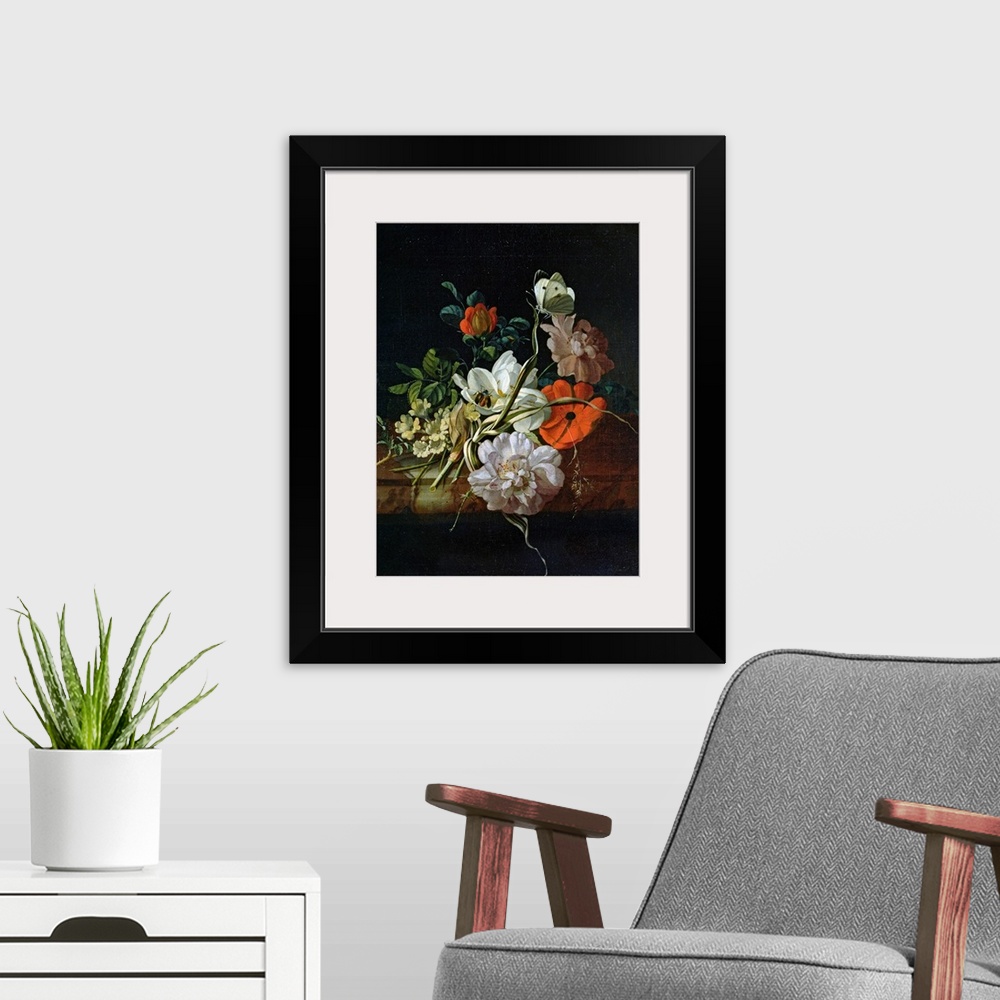 A modern room featuring This classic artwork is a painting of a batch of flowers of different types and colors with a bee...