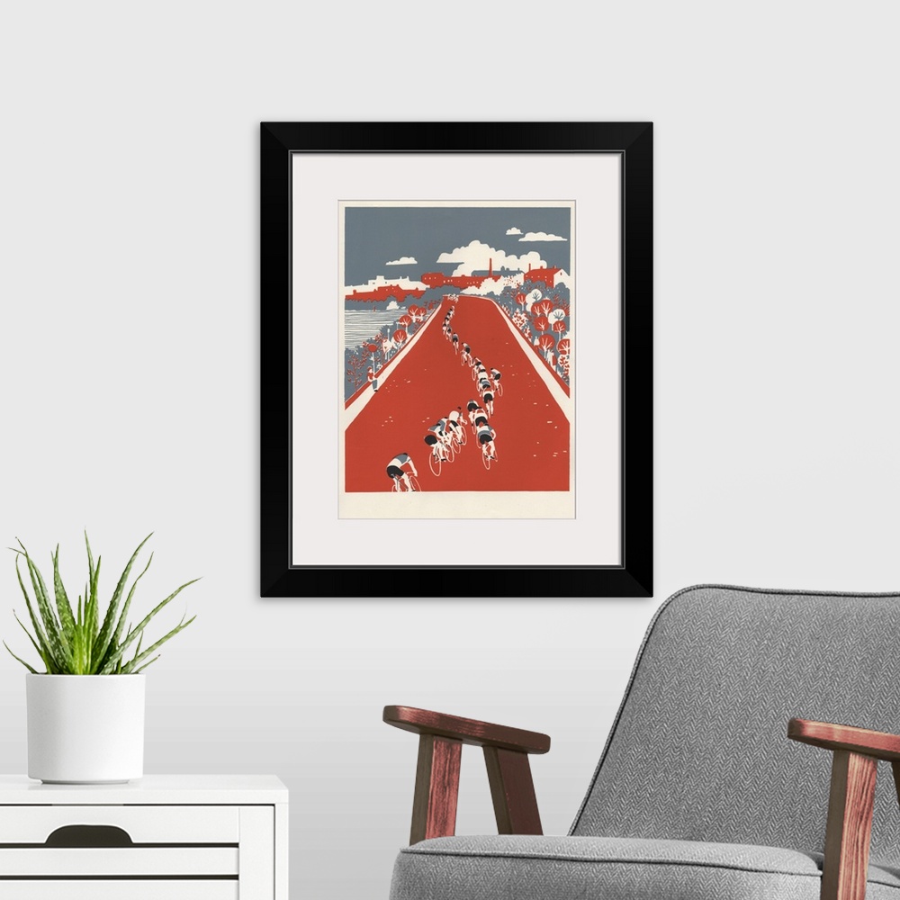 A modern room featuring Contemporary artwork of a cyclists on a red road.