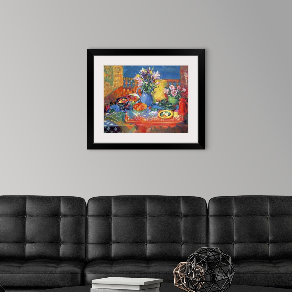 A modern room featuring This is a Giclee print of contemporary still life painting of flowers, fruit, patterned textiles,...