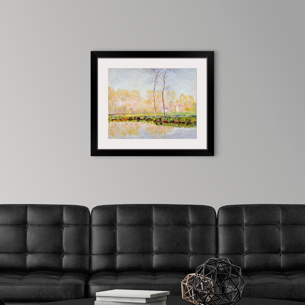 A modern room featuring Horizontal classic art on a large canvas of two tall, thin trees at the edge of the River Epte, a...