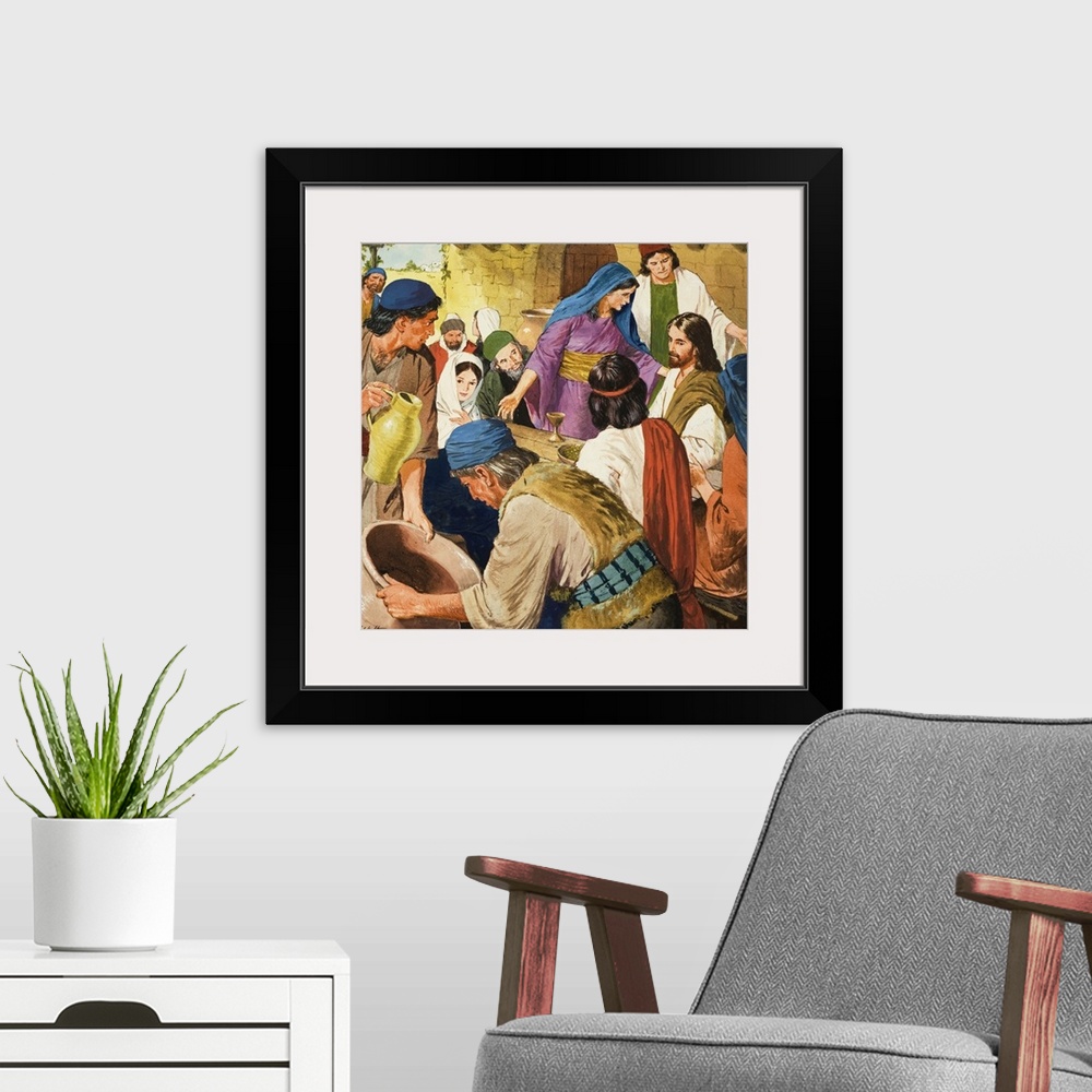 A modern room featuring The Miracles of Jesus: The water is changed to wine. Original artwork for illustration on page 9 ...