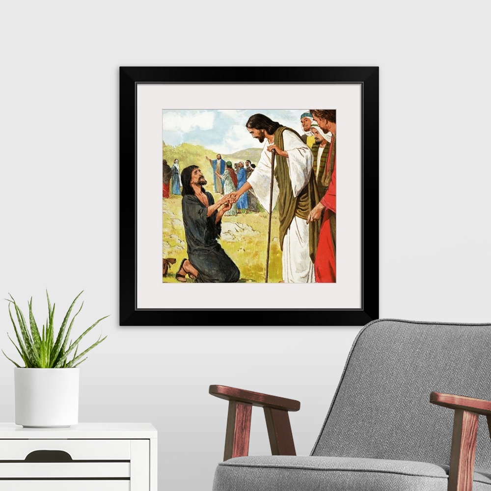 A modern room featuring The Miracles of Jesus: The Ten Lepers from St Luke's Gospel in The Bible. Original artwork for il...