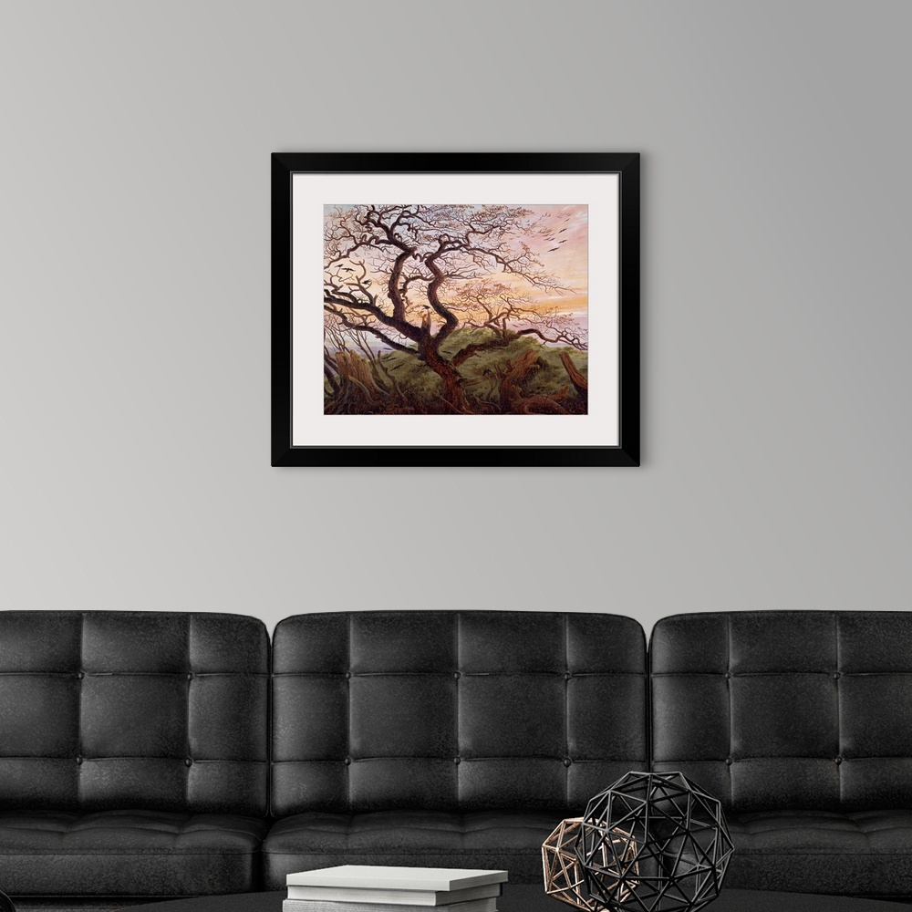 A modern room featuring Realistic oil on canvsa painting of a tree occupied by crows near the edge of a cliff. Tree stump...