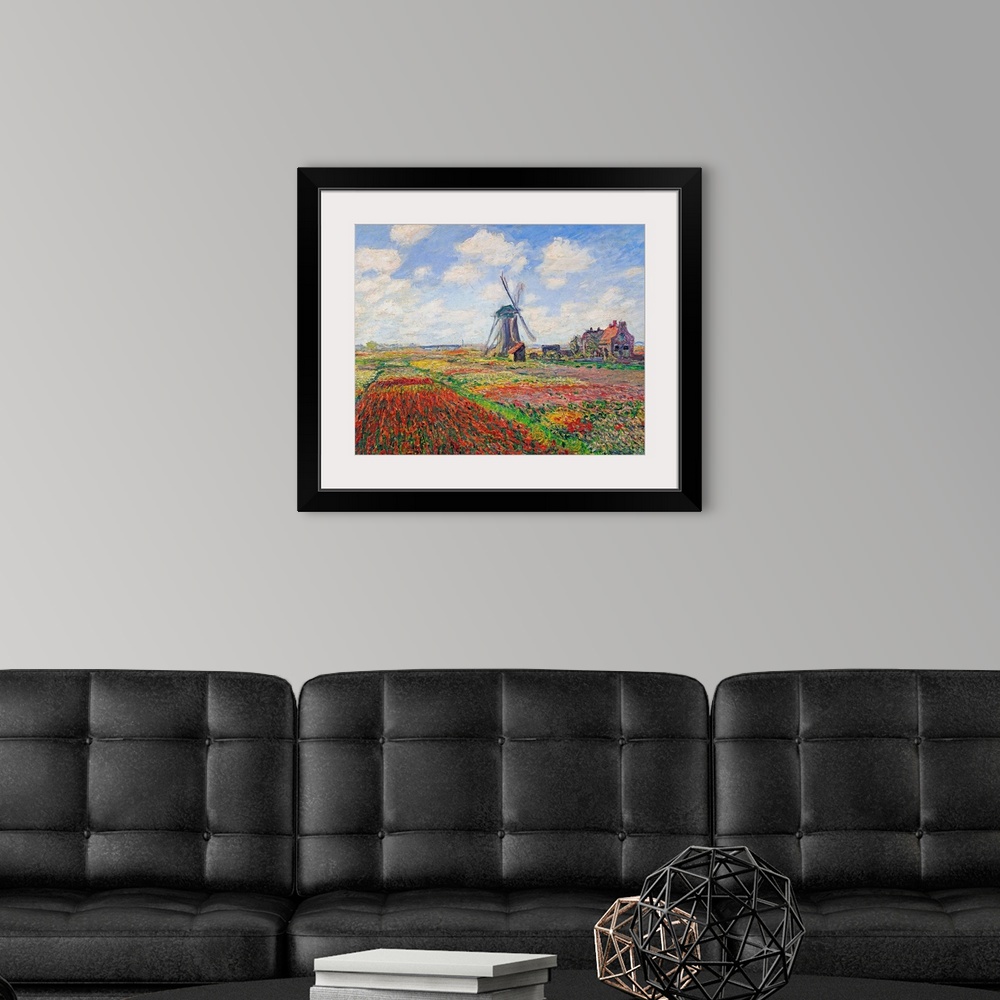 A modern room featuring Oil painting of a windmill in a field of bright flowers under a sky with puffy clouds.