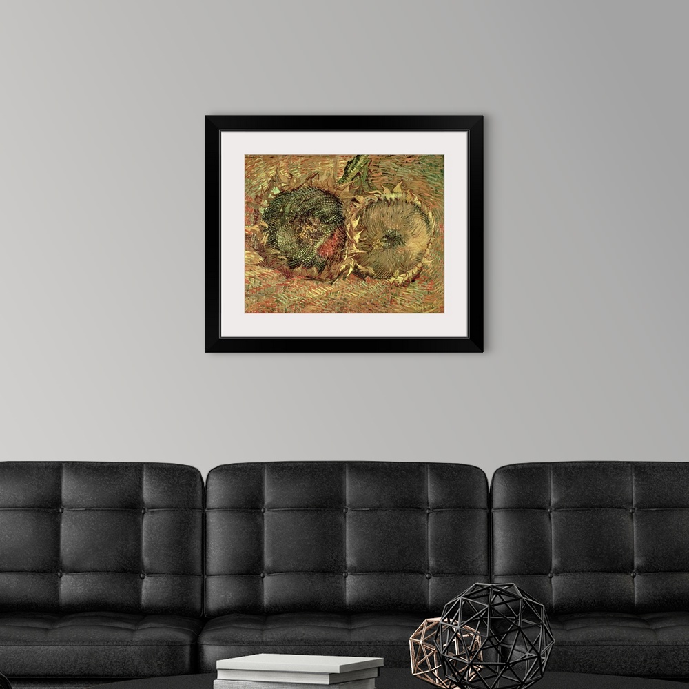 A modern room featuring A piece of classic artwork that has two drawn sunflower heads that lay on the ground.