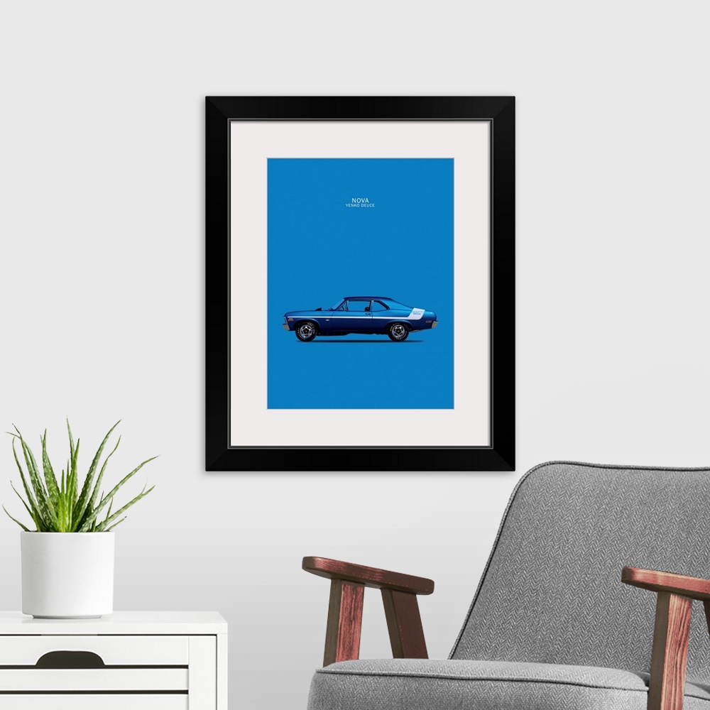 A modern room featuring Photograph of a blue Chevy Nova 350 Yenko Deuce 70 printed on a blue background