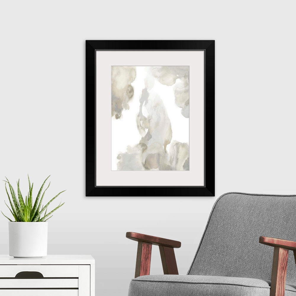 A modern room featuring Abstract painting with tan and gray hues splattered together on a white background.