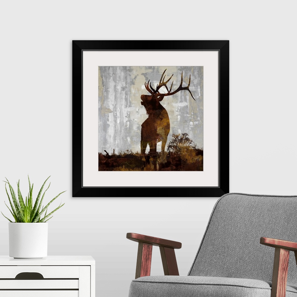 A modern room featuring Square decor with a brown and gold silhouette of an elk on a gray, tan, and white background.