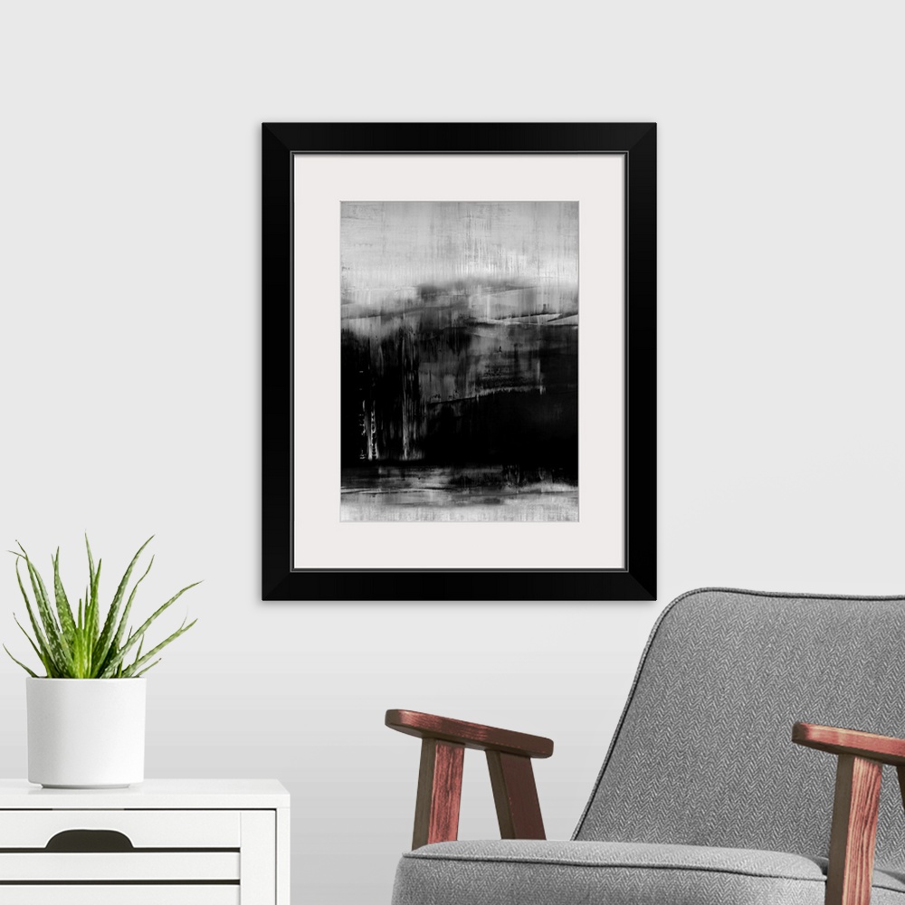 A modern room featuring Abstract artwork of vertical brush strokes in black and white with visible horizontal lines throu...