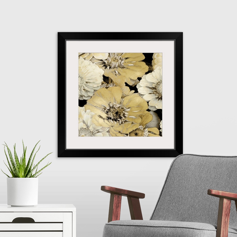 A modern room featuring Decorative artwork featuring soft flowers in shades of gold over a black background.