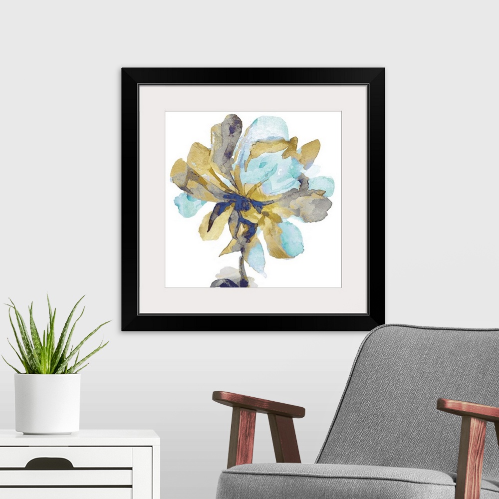 A modern room featuring This contemporary artwork features a single golden bloom with aqua petals over a white background.