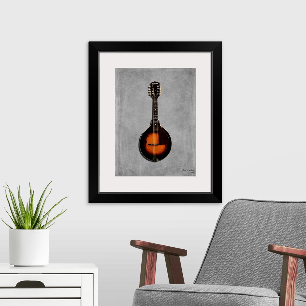 A modern room featuring Photograph of a Gibson Mandolin 1943 printed on a textured background in shades of gray.