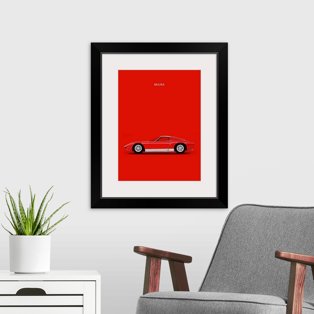 A modern room featuring Photograph of a red and silver Lambo Miura 69 printed on a red background