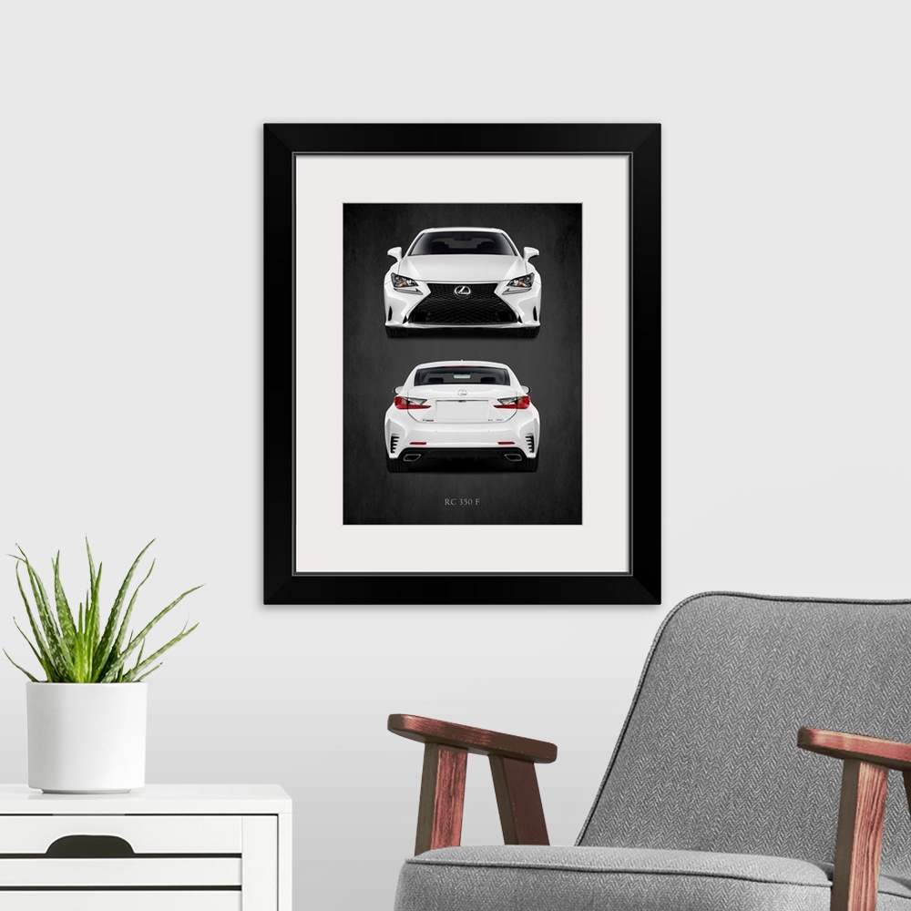 A modern room featuring Photograph of the front and the back of a white Lexus RC 350 F printed on a black background with...