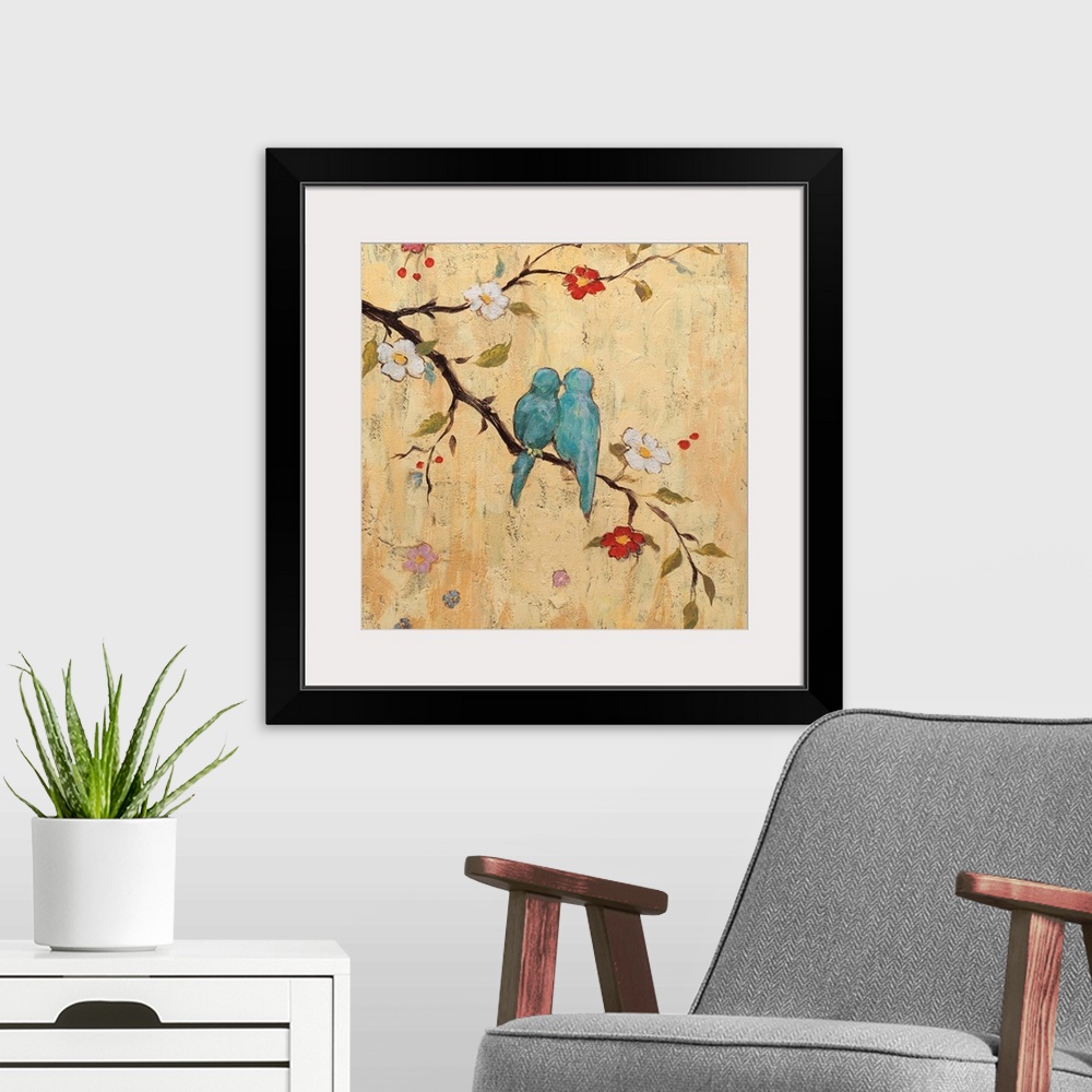 A modern room featuring Contemporary square painting of two blue birds sitting on a tree branch with berries, leaves, and...
